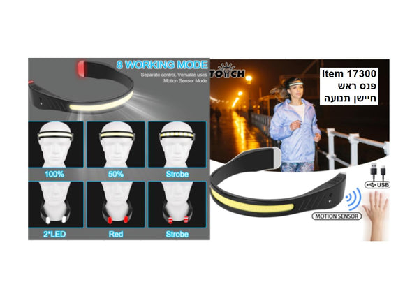 פנס ראש נטען לריצה עם סנסור ואור אדום מאחור (LY-505B)