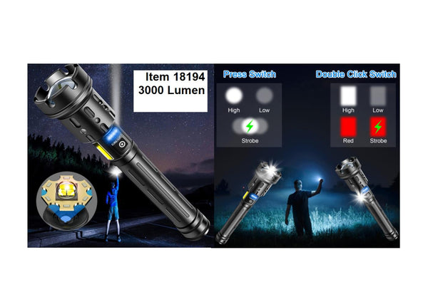 פנס 3000 לומן  USB OUTPUT 34*61*260/286mm עם תצוגה ומפסק כפול לאור אדום