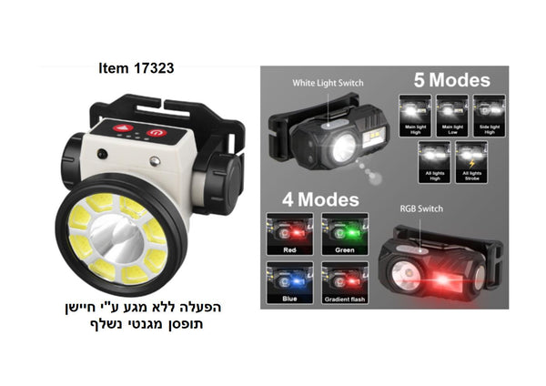 פנס ראש גדול נטען עם סנסור הפעלה ללא מגע + תופסן מגנטי נשלף LY-004